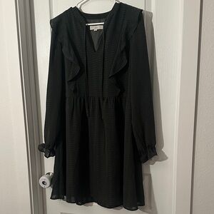 LOFT Dark Green Long-Sleeve Ruffle V-Neck Dress